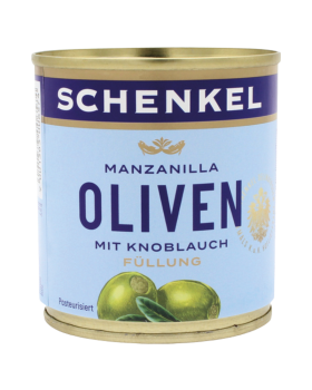 Schenkel Oliven Manzanilla gruen, mit Knoblauch Fuellung, aus Spanien, 85g Abtropfgewicht